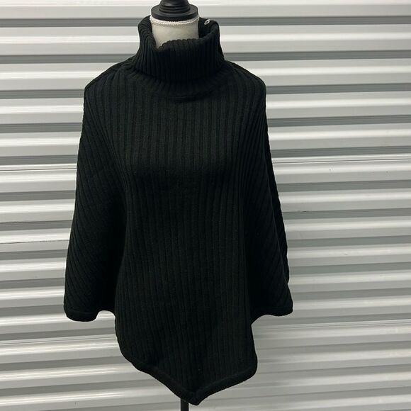 Michael Kors Black Ribbed Turtleneck Poncho - Picture 1 of 8